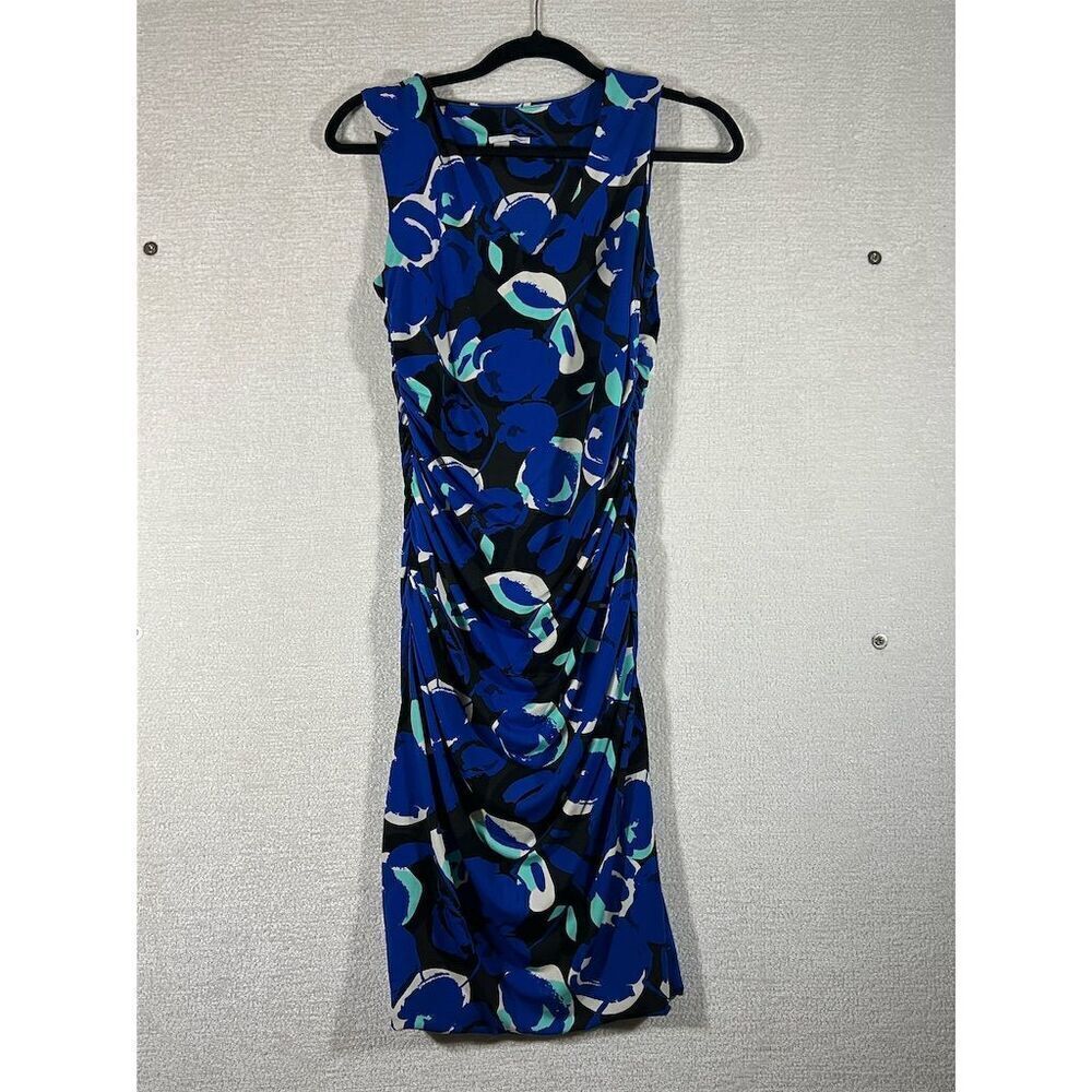 Halogen Women's Bold Blue White Floral Midi Dress V-Neck Size M Spring Casual